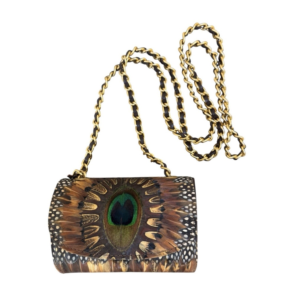 Vintage Peacock Feather Leather Evening Bag Gold Chain Shoulder Purse Clutch
